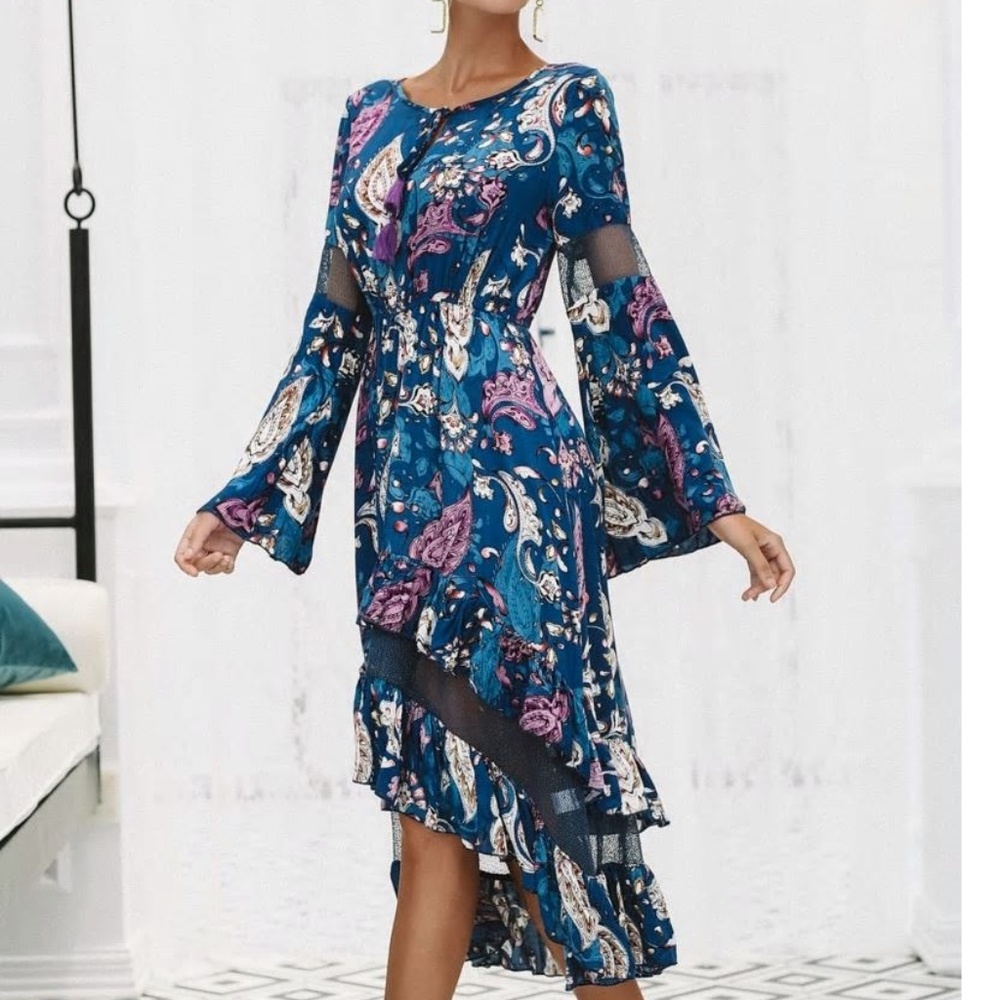 Elegant Ruffles print long dress w/hollow out mesh
